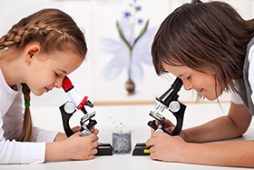Children looking through microscopes to learn about nature and science. 