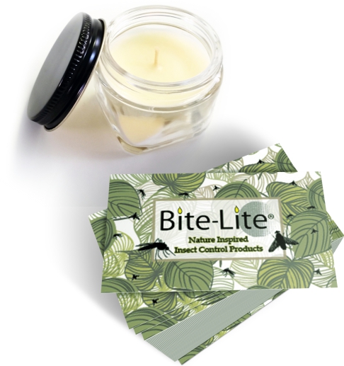Display our Bite-Lite natural mosquito repellent soy mini jar and buiness cards